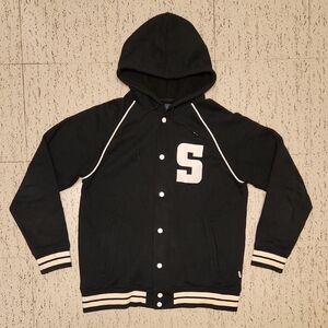 Stussy Big Spellout Vasrsity Style Button Down Sweater Hoodie Vintage Y2K